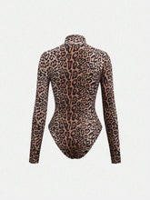 Women's Sexy Leopard Print Turtleneck Long Sleeve Bodysuit